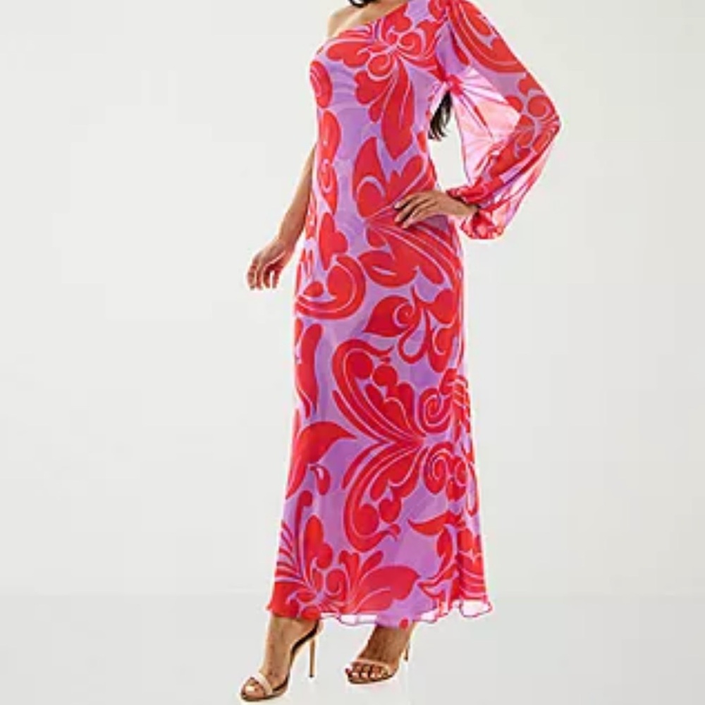 Premier Amour Long One Shoulder Sleeve Floral Maxi Dress Lavender & Red